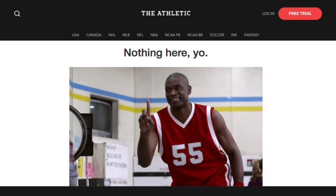 Screenshot from The Athletic featuring Dikembe Mutombo and the phrase 'Nothing here, yo.'