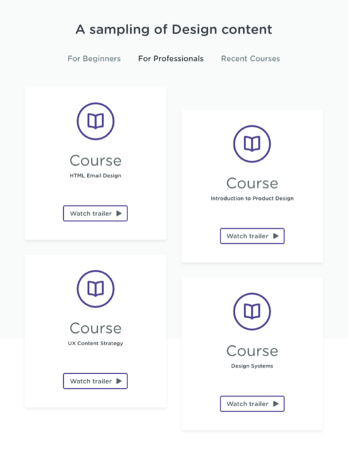 Four cards with the word 'Course' in large lettering and the name of the course below in small lettering.