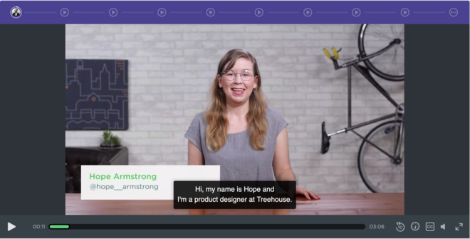 Screenshot of Hope Armstrong's 'Designing Interactions' course for Treehouse. The video caption reads 'Hi, my name is Hope, and I'm a product designer at Treehouse.'