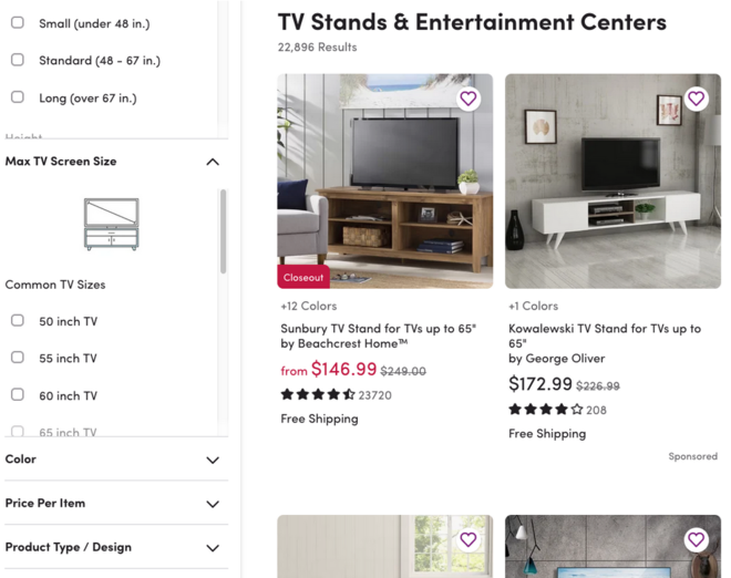 Options allowing users to narrow down Wayfair's TV stands results