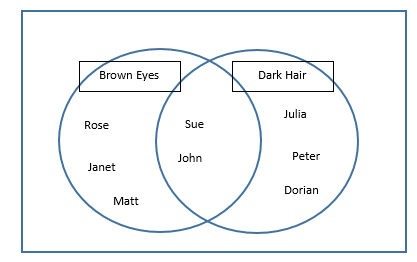 Venn diagram that categorizes people with brown eyes in the left-most part of the circle. This group includes: Rose, Janet, and Matt. It categorizes people with Dark Hair in the right most part of the circle. This group includes: Julia, Peter, and Dorian. This diagram also categorizes people with both brown eyes and dark hair. This group is in the middle and includes: Sue and John.